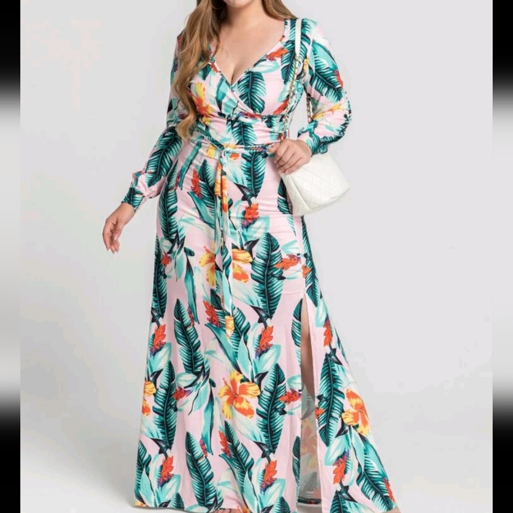 Tropical Design Long Sleeve Dress side tide slit, sexy and comfy